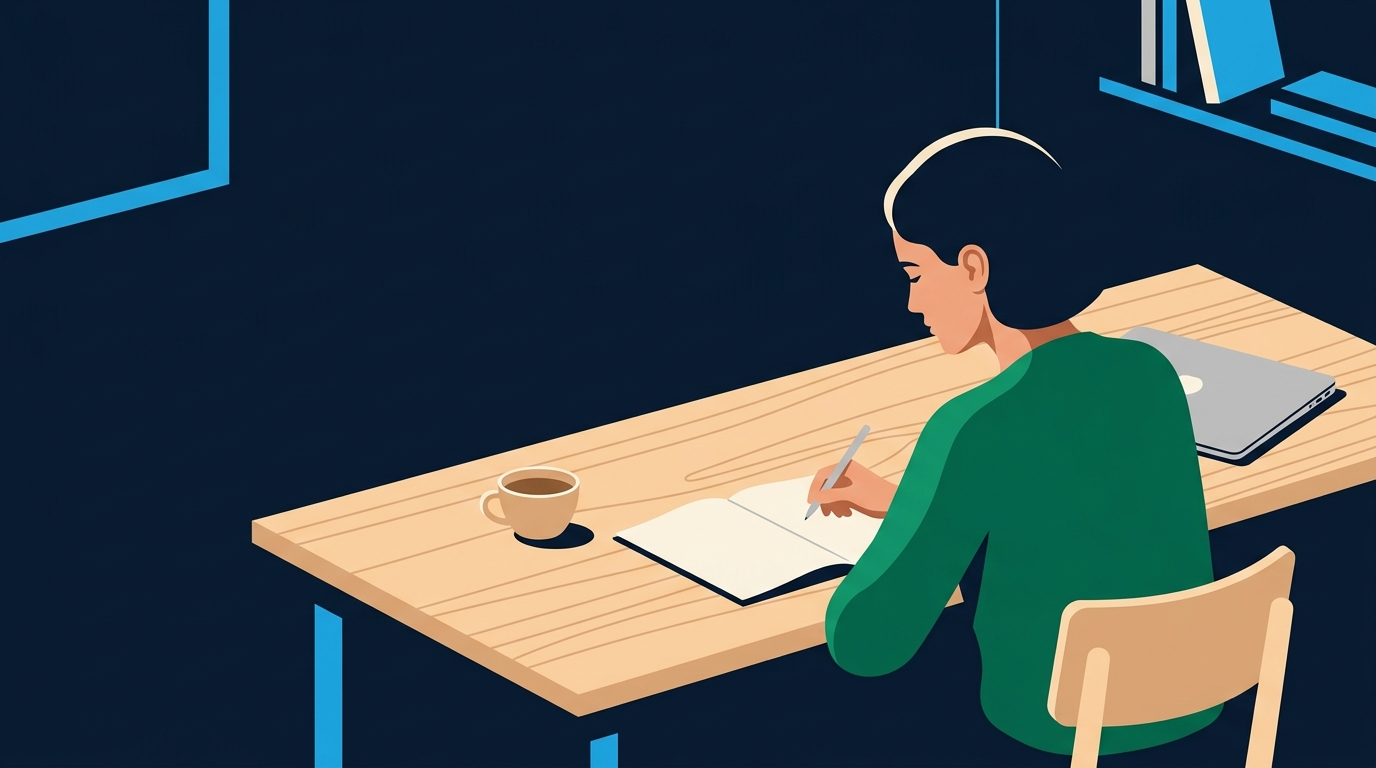 Founder at a laptop writing a positioning paragraph on a notepad before opening the code editor, representing pre-code validation