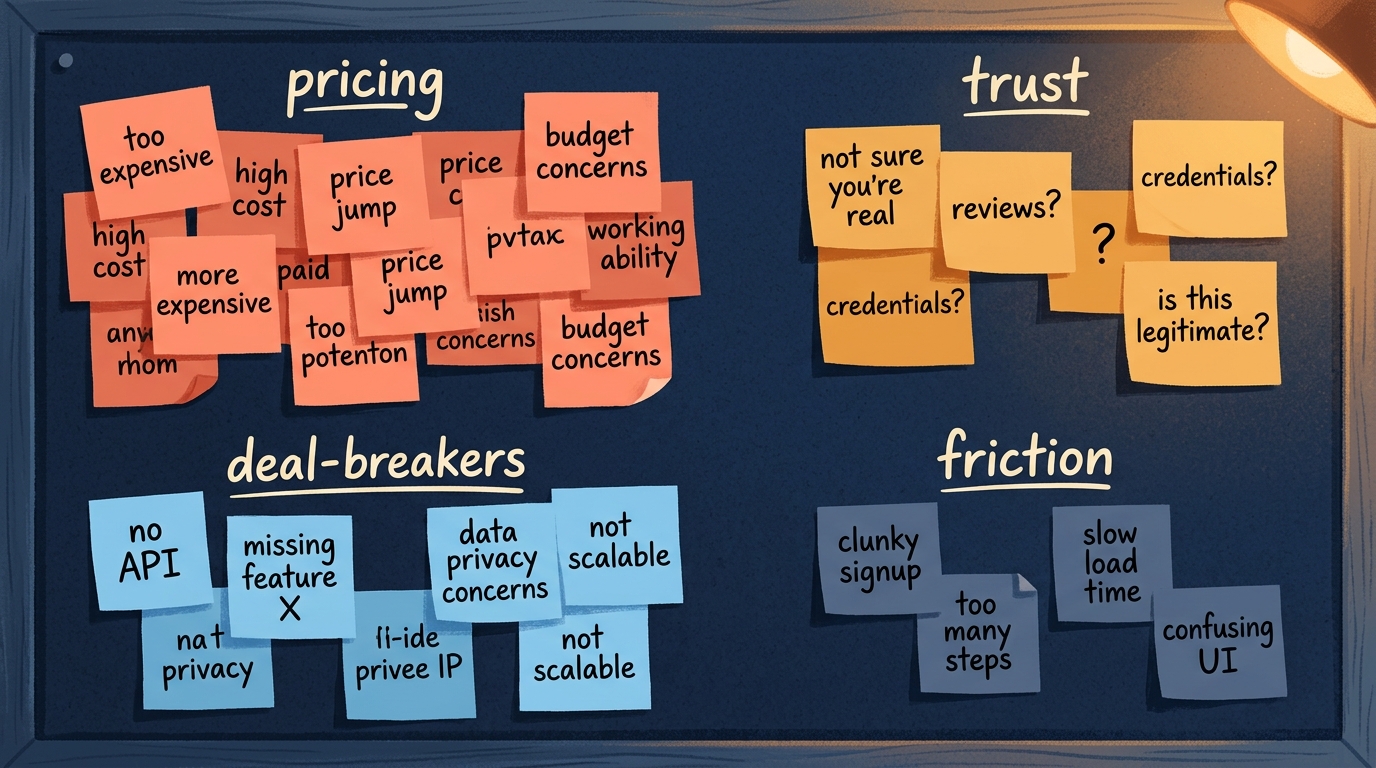 Segmented bar chart of objection categories showing pricing, trust, and catastrophic-failure buckets ranked by effect size
