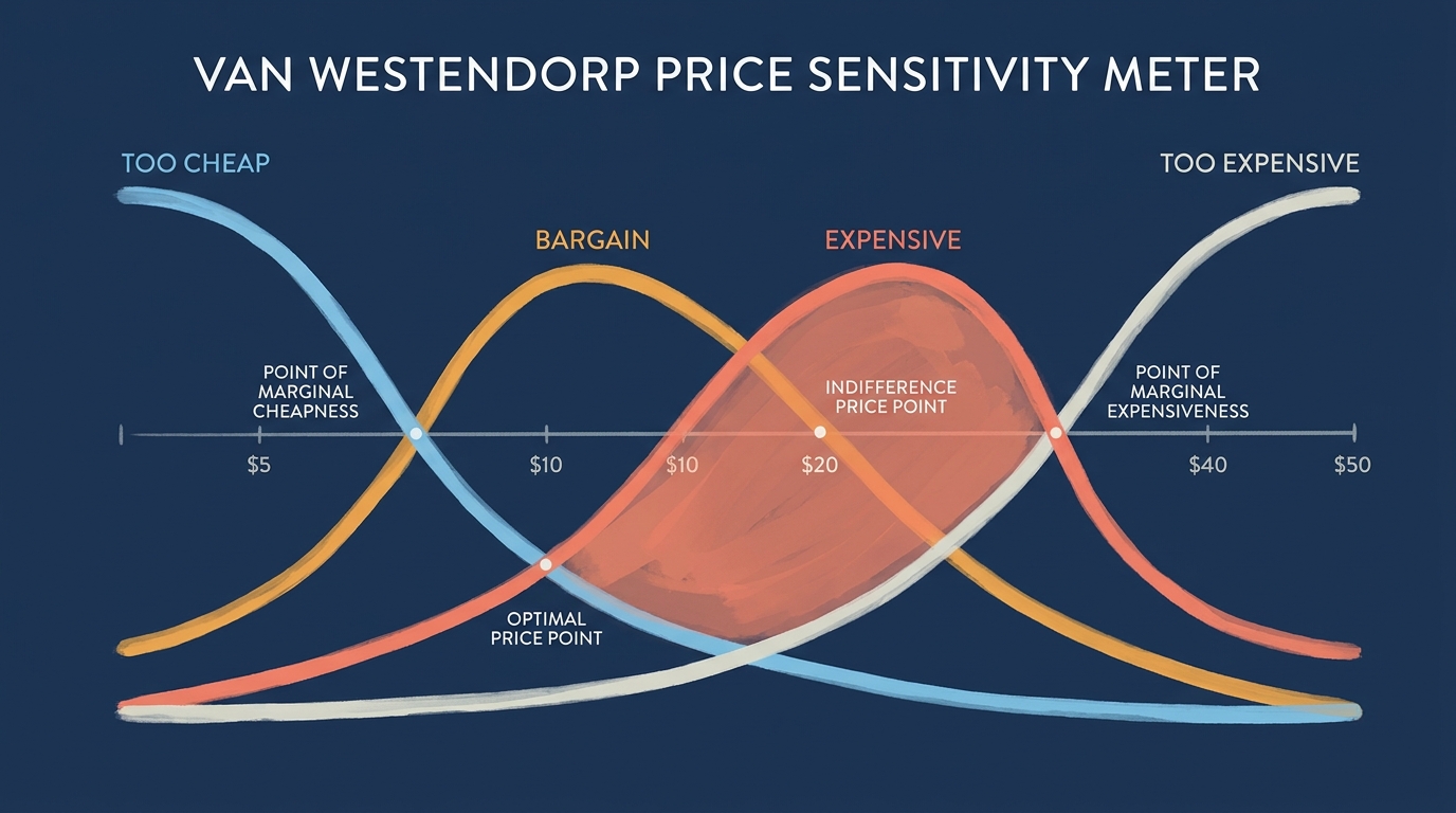 Van Westendorp quad-curve illustration with intersection points labeled bargain and expensive