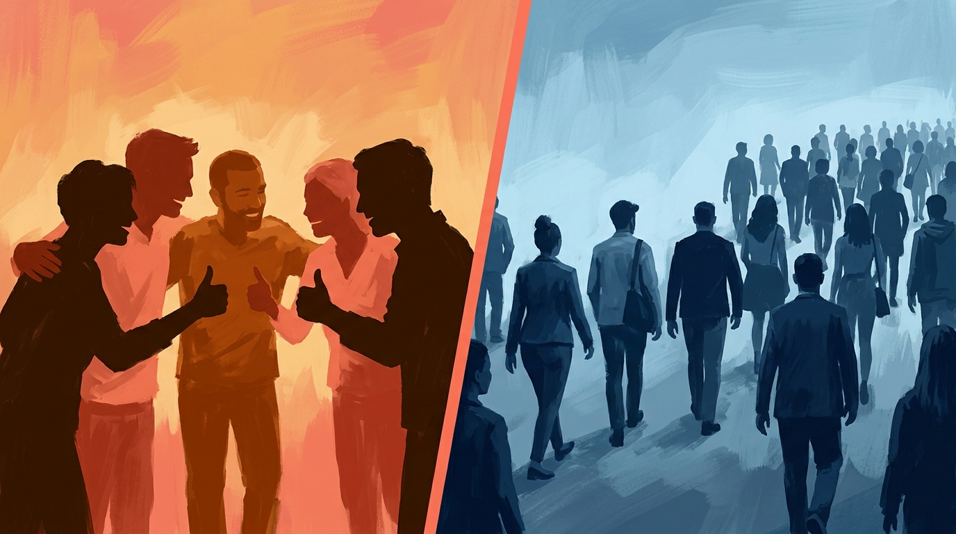 Founder showing a phone mockup to family at a dinner table while target-audience strangers walk past the window, warm interior lighting