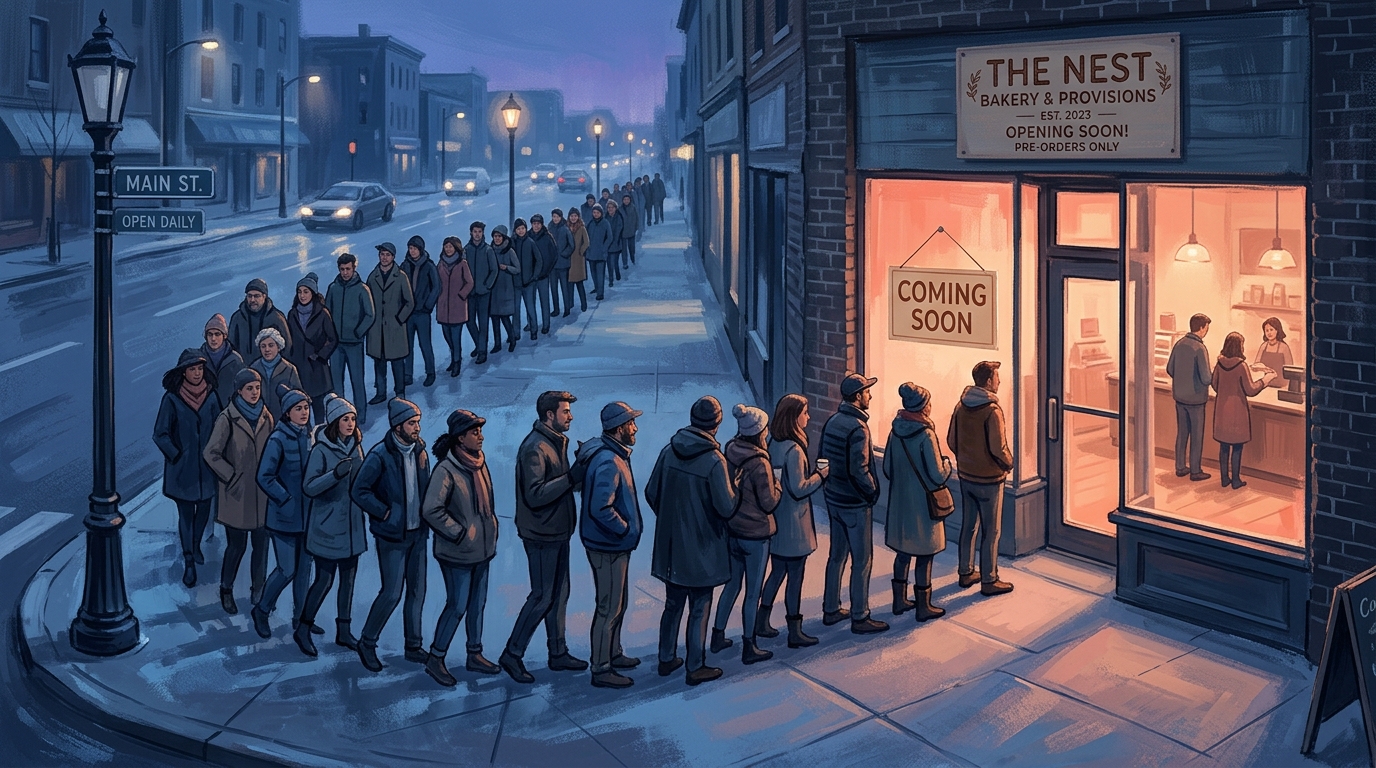 Line of people standing outside a shop with a 'coming soon' sign, two or three actually buying inside, warm amber dusk light