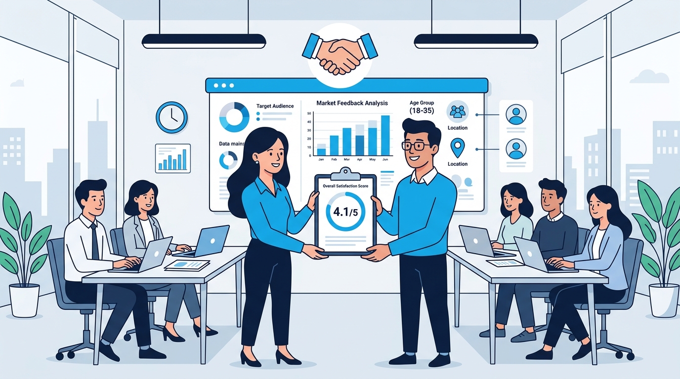 Marketing agency presenting consumer research report with purchase intent score to client